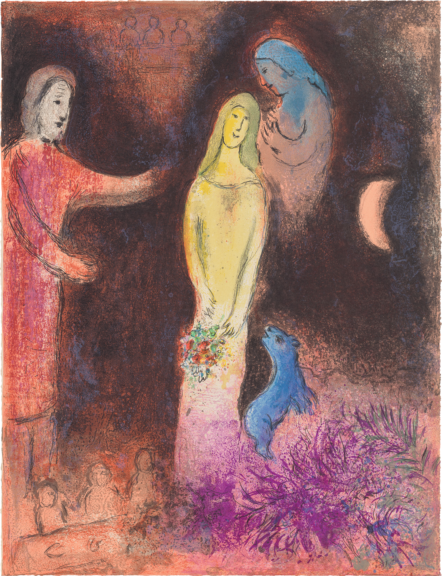 Marc Chagall — Chloé vêtue et coiffé par cléariste (Chloé is Dressed and Braided by Cleariste), from Daphnis and Chloé (M. 345, C. Bks. 46)