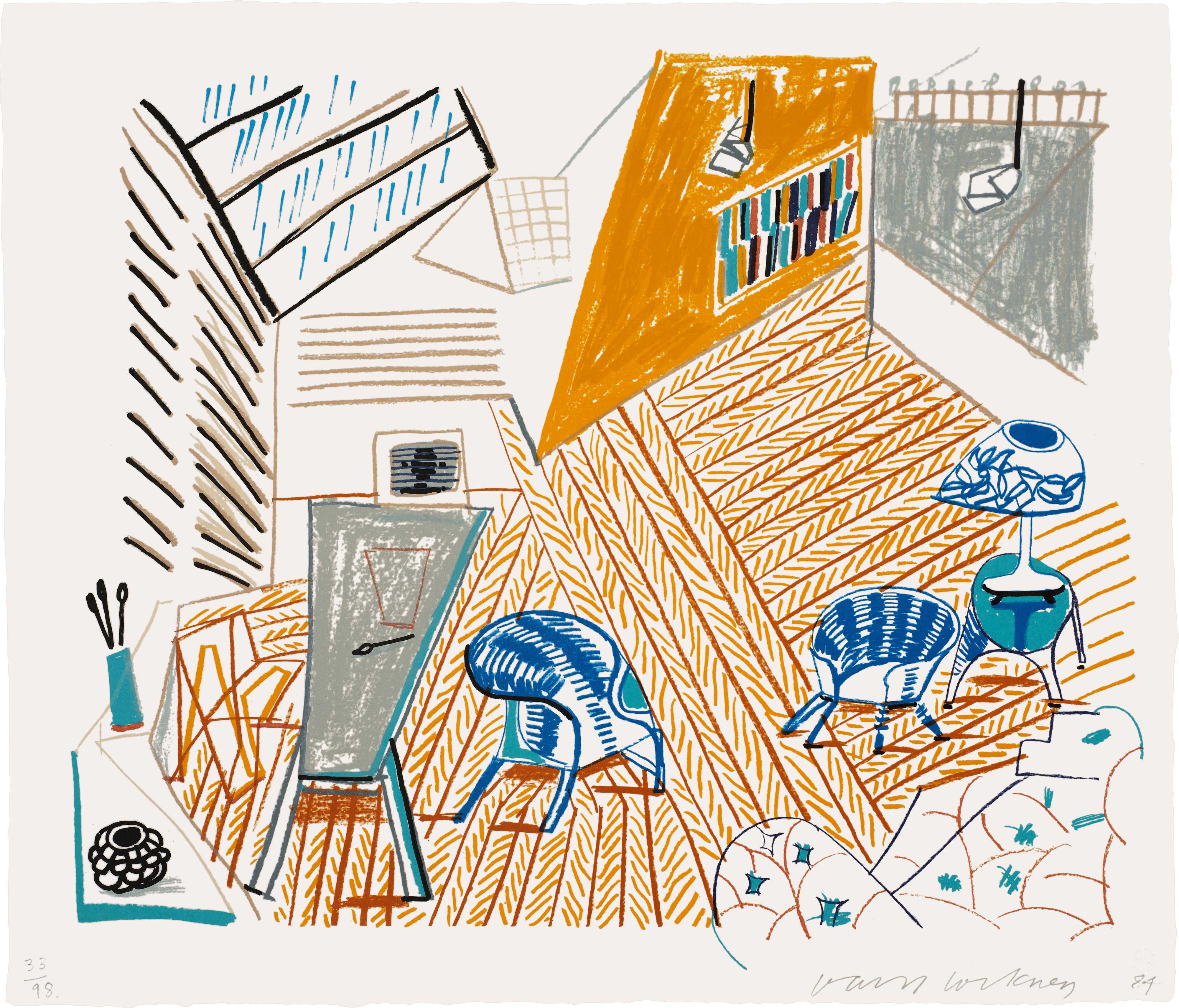 David Hockney — Pembroke Studio With Blue Chairs and Lamp, from Moving Focus (T.G. 275, M.C.A.T. 263)