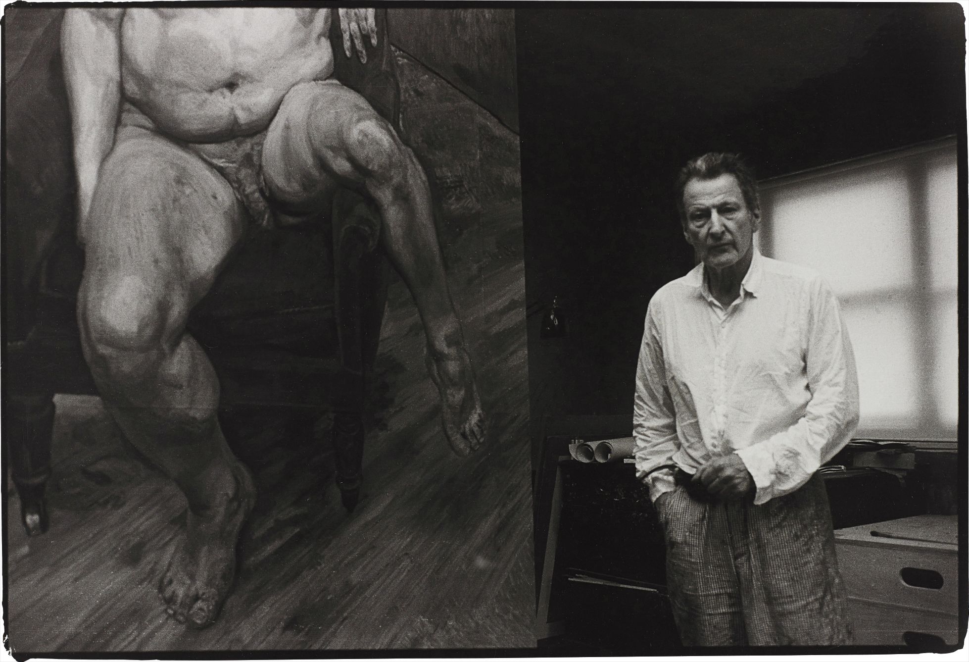 Lucian Freud with a portrait of Leigh Bowery