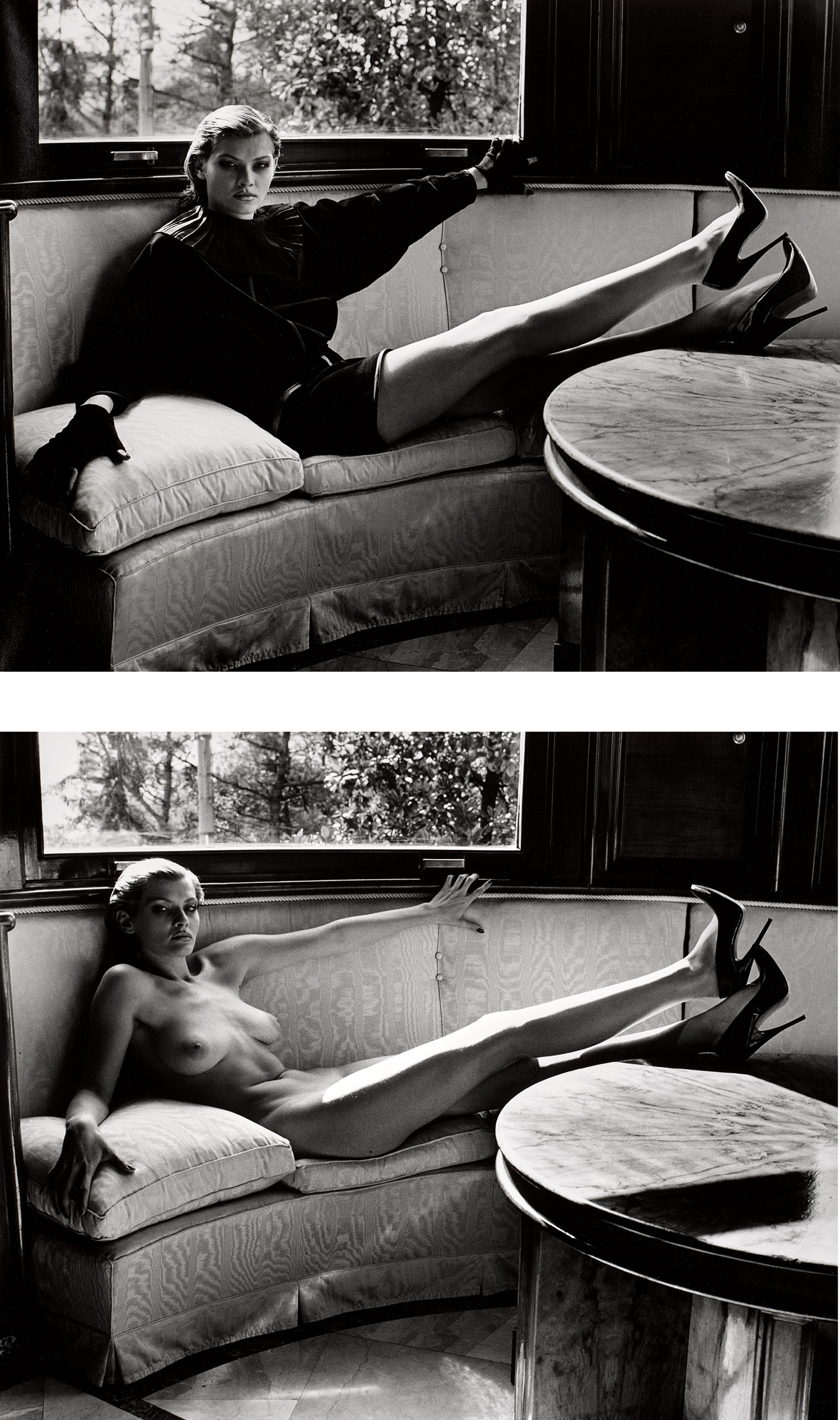 Helmut Newton — Sylvia reclining inside the house, Brescia, Italy, (Dressed and Naked)