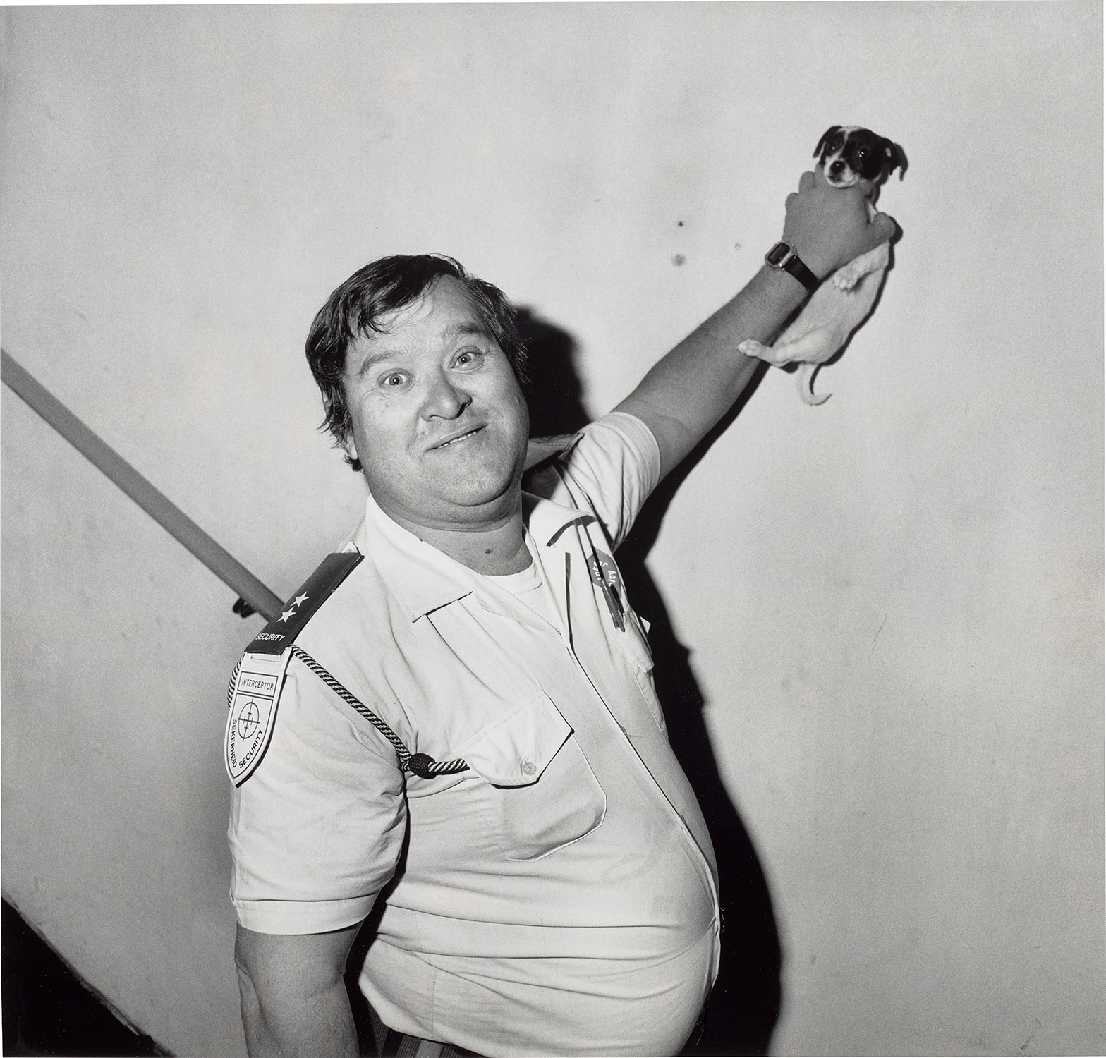 Security Guard and Puppy on Staircase, Gauteng