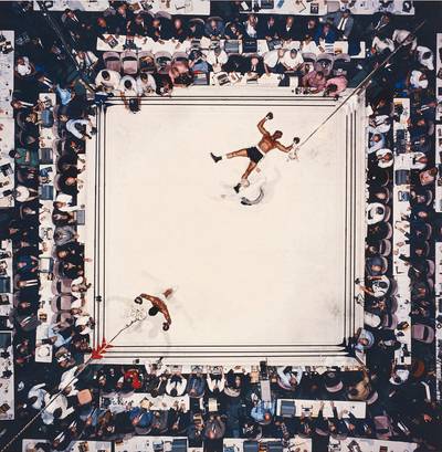 Aerial of Muhammad Ali victorious after his round two knockdown of Cleveland Williams during the 1966 World Heavyweight Title fight at the Astrodome, Houston, Texas, November 14