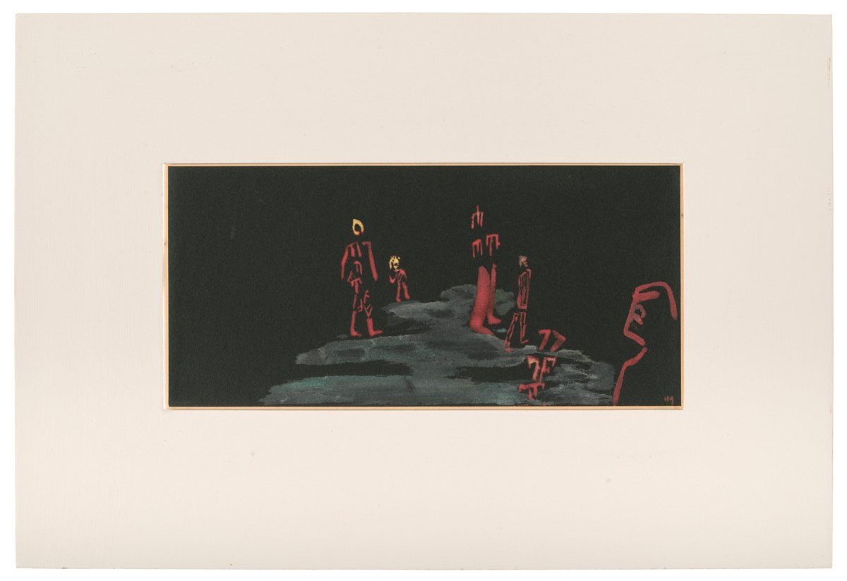 Cinq personnages rouges sur fond noir