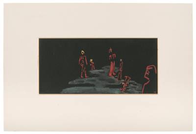 Cinq personnages rouges sur fond noir