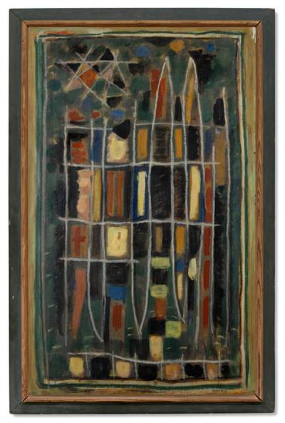 Composition 106 (Fond gris-vert, tache rose)