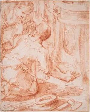 A kneeling figure tending to a fire below a tripod altar, another figure leaning in from above