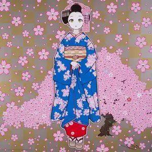 Takashi Murakami — Maiko of Kyoto, Cherry Blossoms on Blue