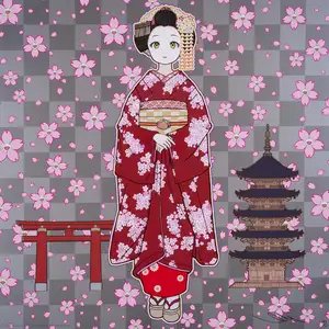 Takashi Murakami — Maiko of Kyoto, Cherry Blossoms on Red