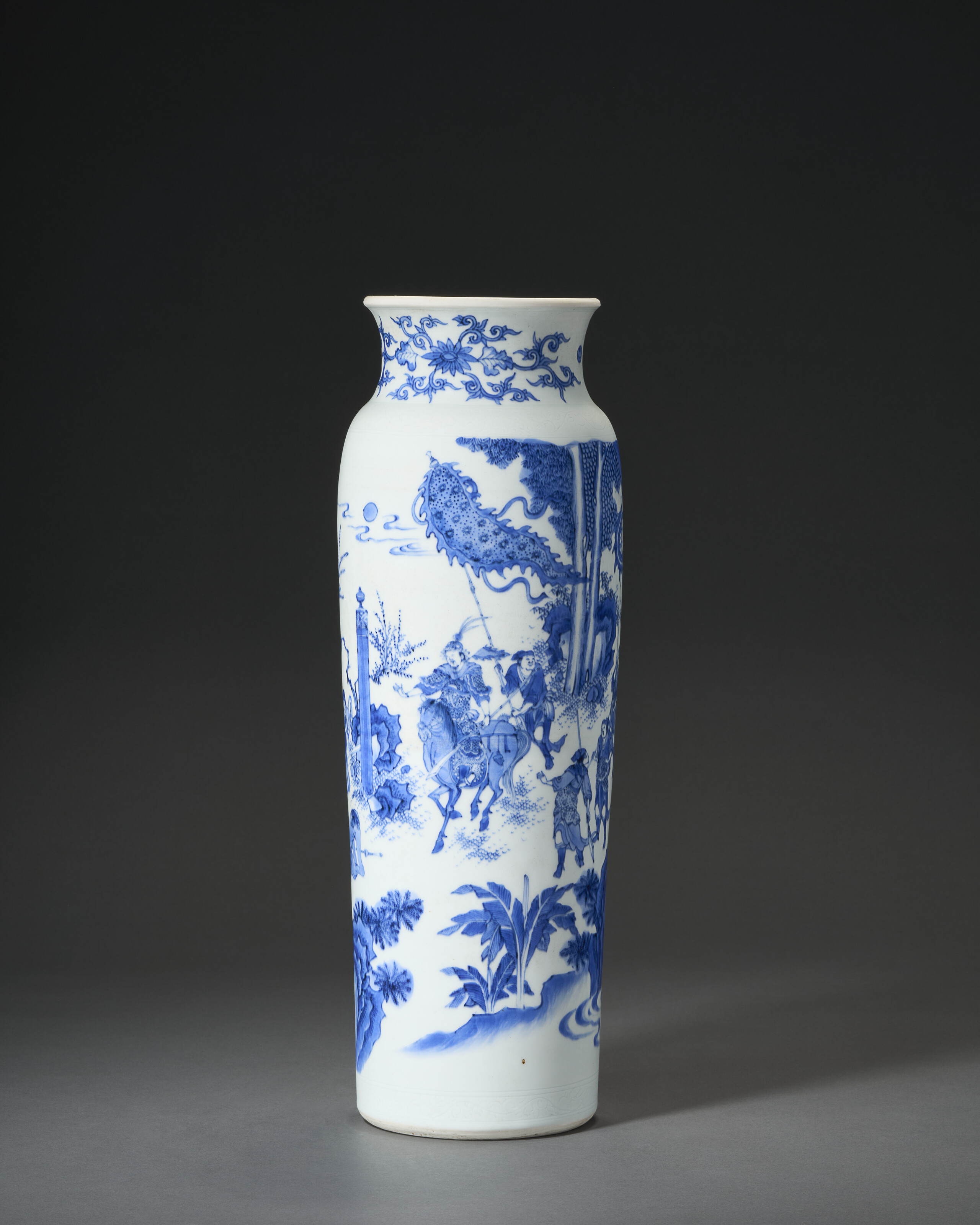 A Finely Decorated Blue And White 'warrior' Sleeve Vase — SHUNZHI PERIOD, CIRCA 1650