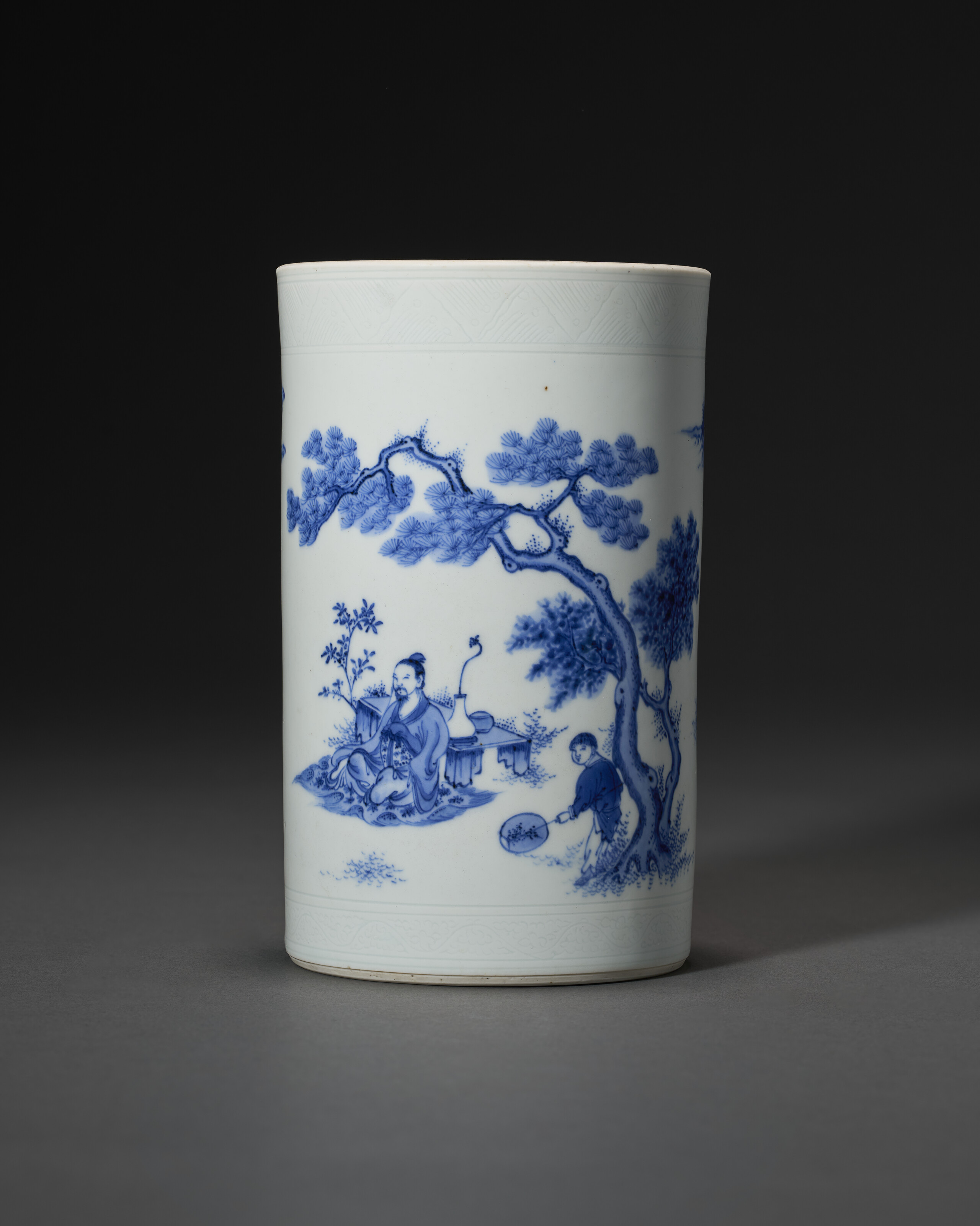 A Blue And White 'scholar And Landscape' Brush Pot — SHUNZHI PERIOD, CIRCA 1650