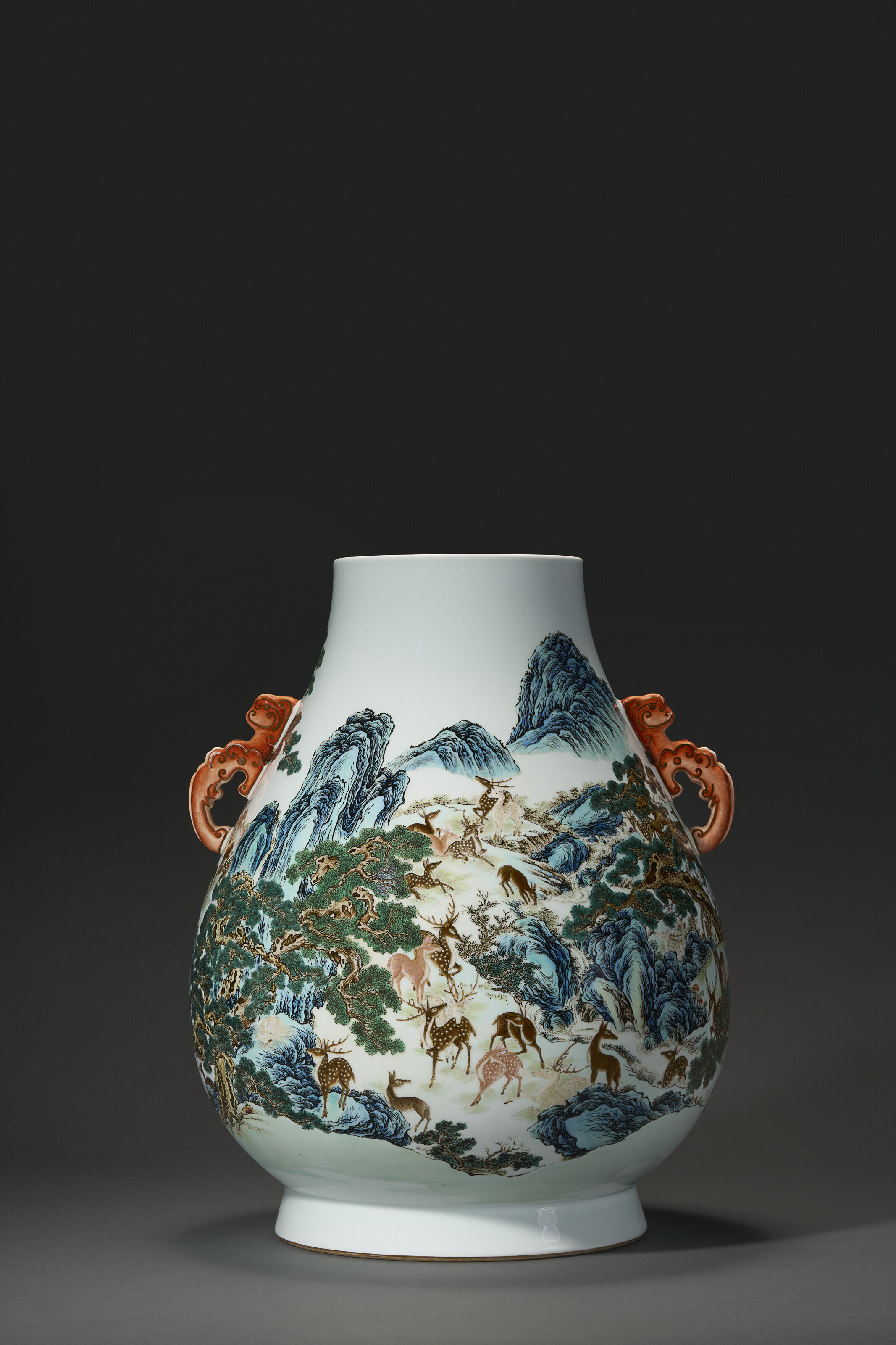 A Magnificent Famille Rose 'hundred Deer' Hu -form Vase — QIANLONG SEAL MARK IN UNDERGLAZE BLUE AND OF THE PERIOD (1736-1795)