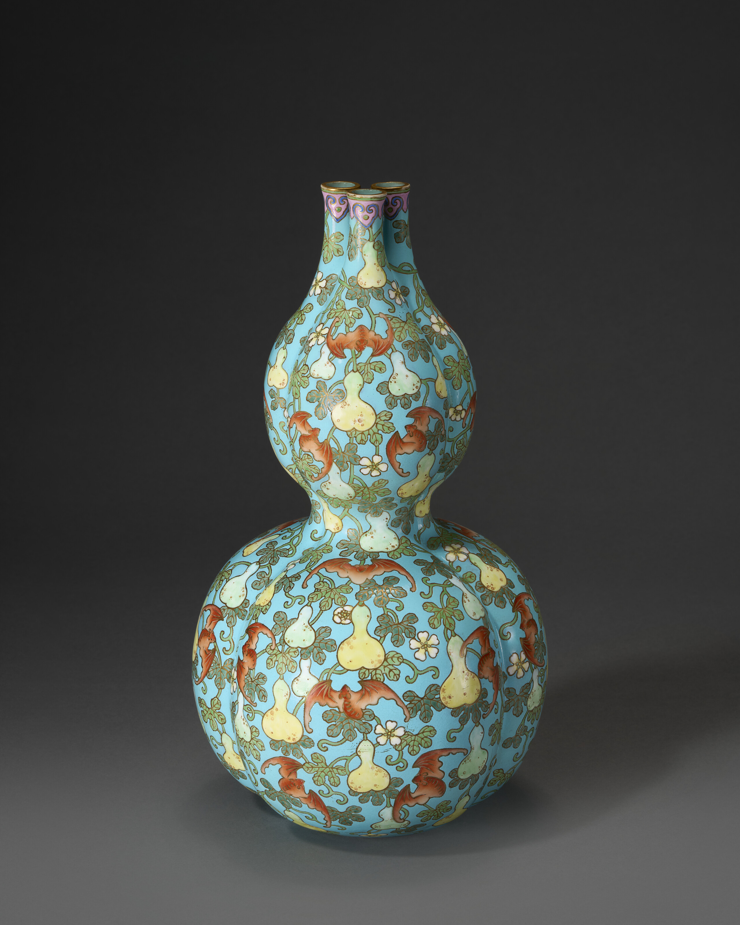 An Exceptionally Rare Turquoise-ground Famille Rose Double Gourd-form Triple-necked Vase — QIANLONG SIX-CHARACTER INCISED SEAL MARK IN GILT AND OF THE PERIOD (1736-1795)