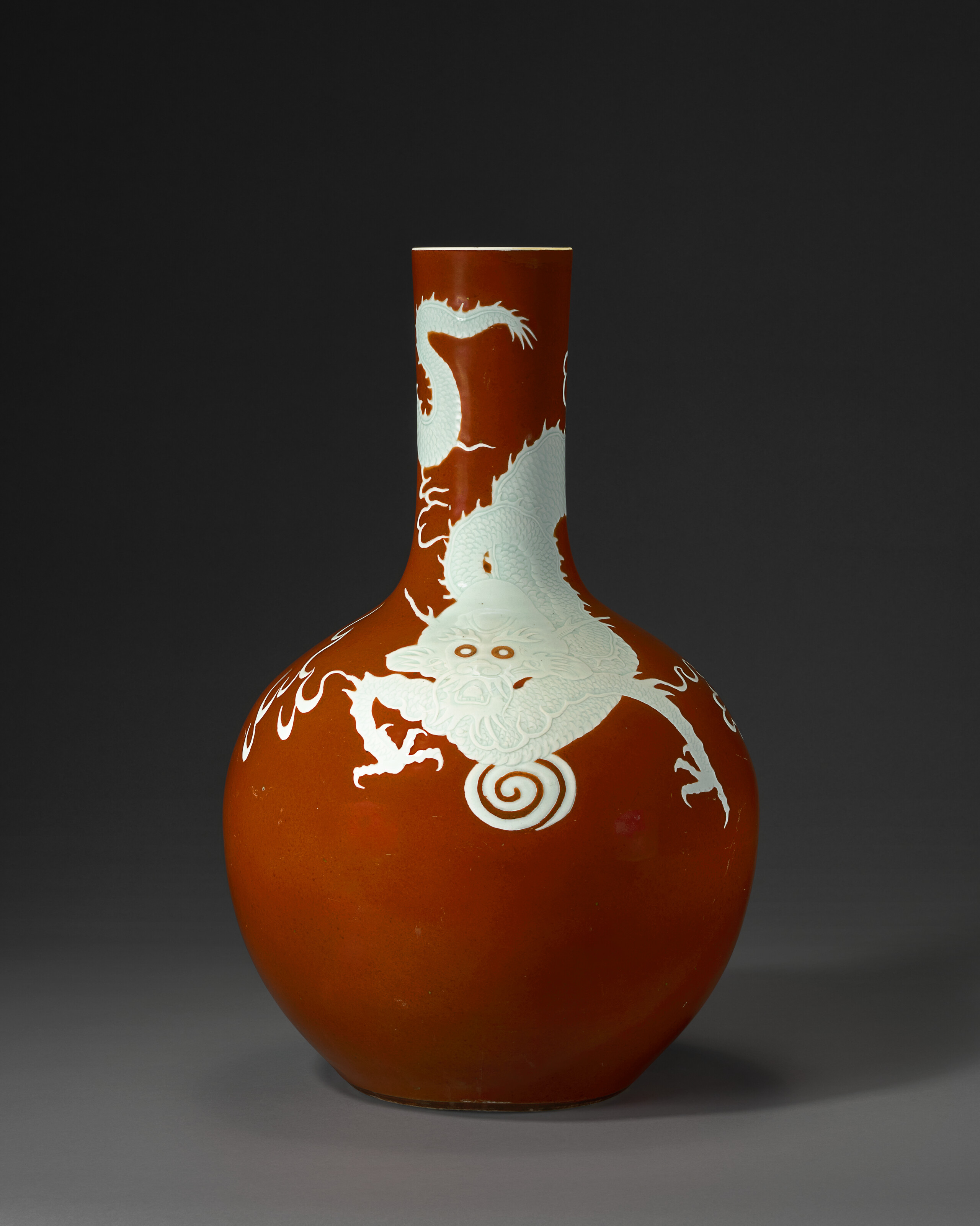 A Large And Unusual Coral-ground 'dragon' Bottle Vase, Tianqiuping — QIANLONG PERIOD (1736-1795)