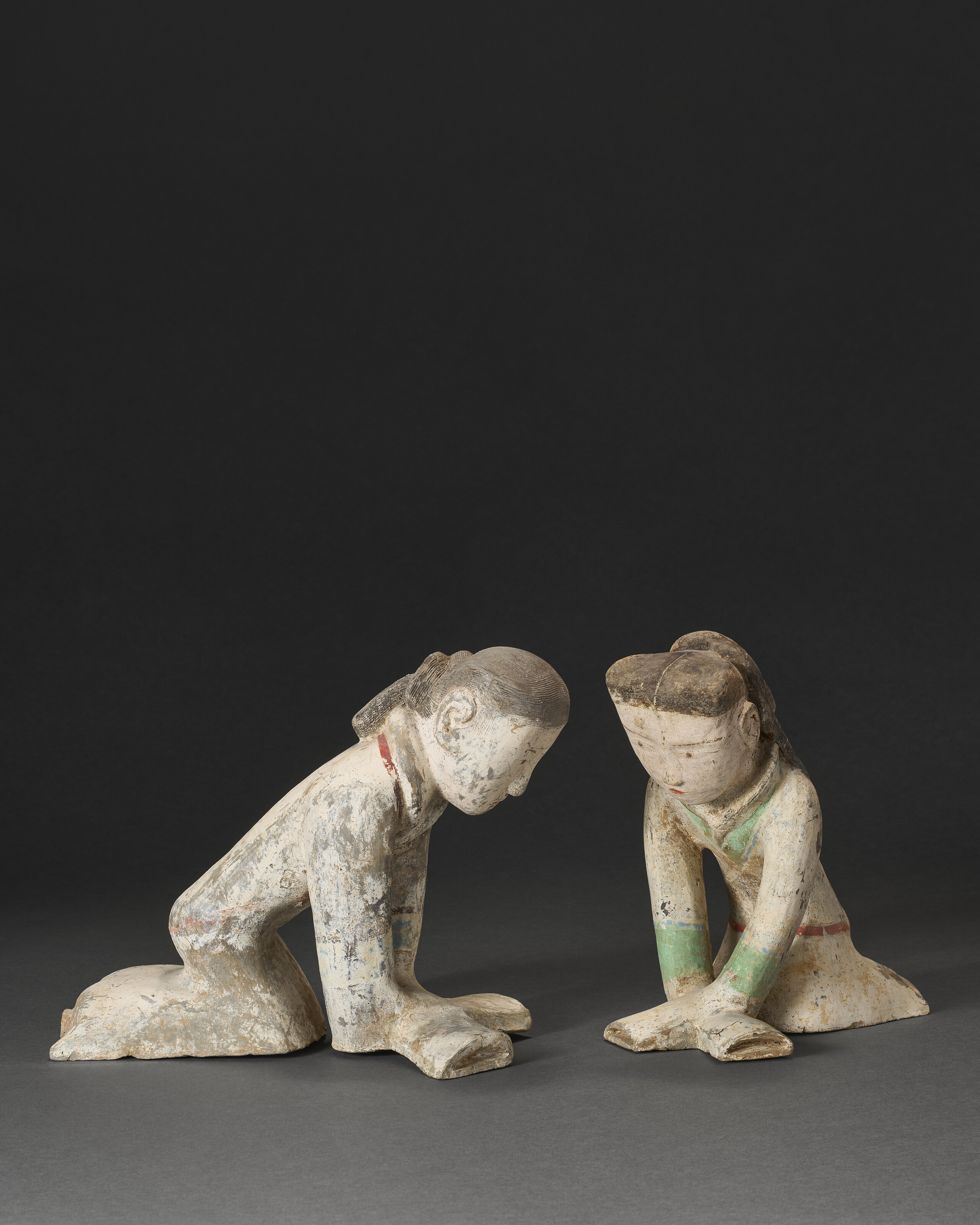 A Pair Of Painted Pottery Figures Of Kneeling Dancers — WESTERN HAN DYNASTY (206 BC-AD 8)