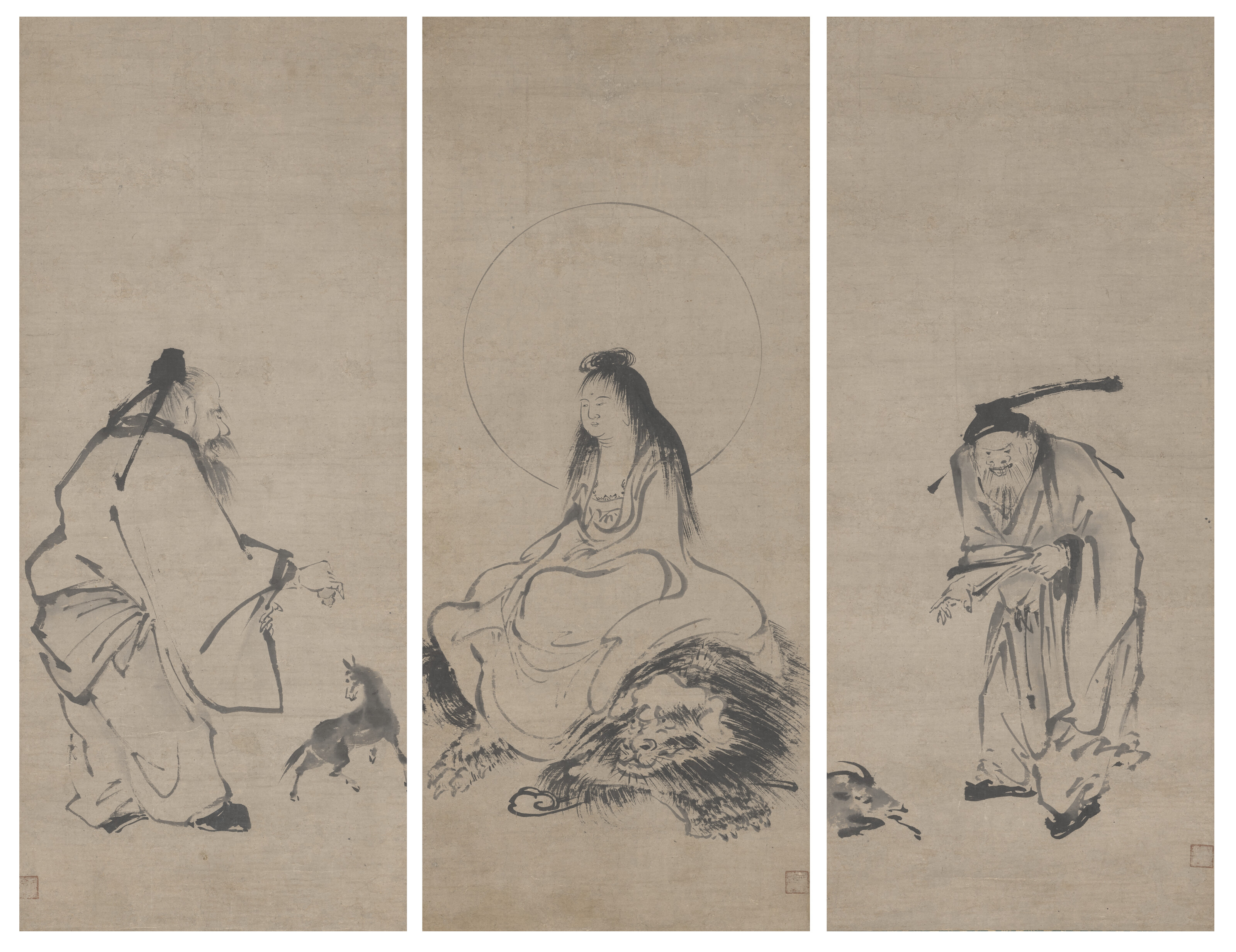 Sesso Toyo (15th-16th Century) — Kishi Monju, Ko Shohei and Chokaro (Manjusri on lion, Huang Chuping and Zhang Guolao)