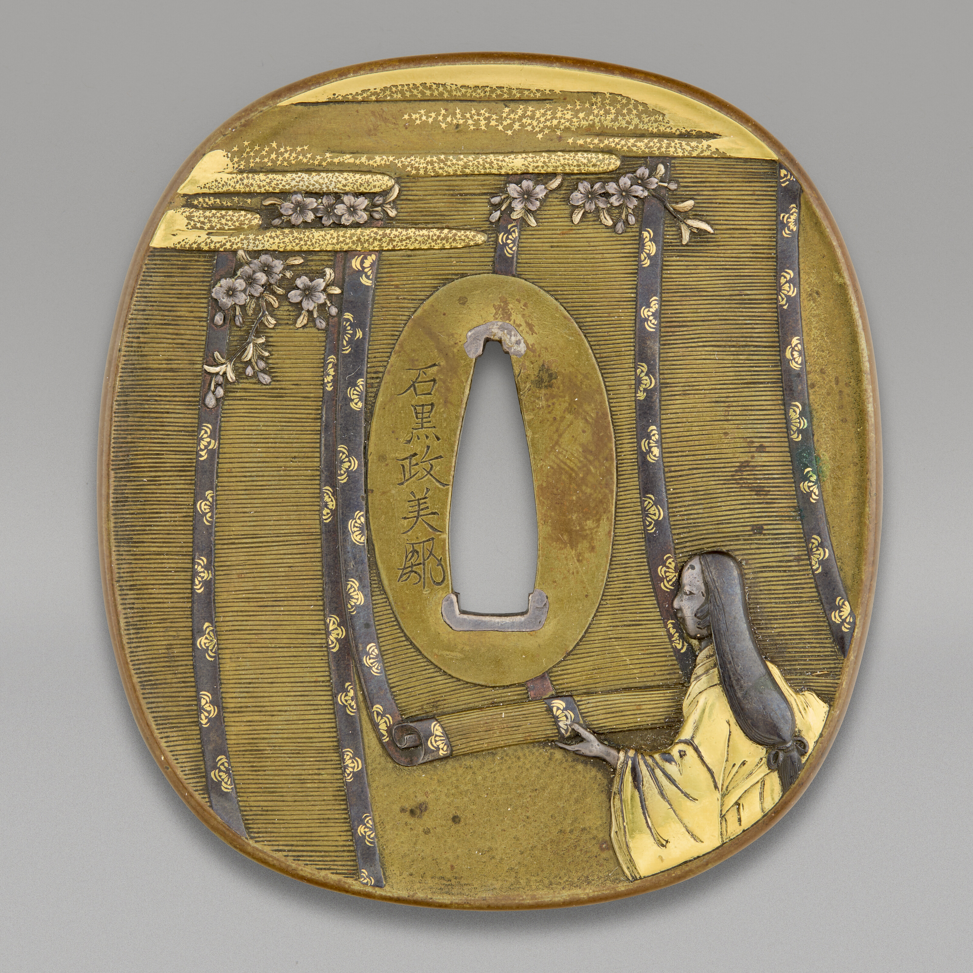 A Soft-metal-inlaid Gilt-bronze Tsuba — EDO PERIOD (19TH CENTURY), SIGNED ISHIGURO MASAYOSHI WITH A CURSIVE MONOGRAM ( KAO ) (ISHIGURO MASAYOSHI; 1774-1862)
