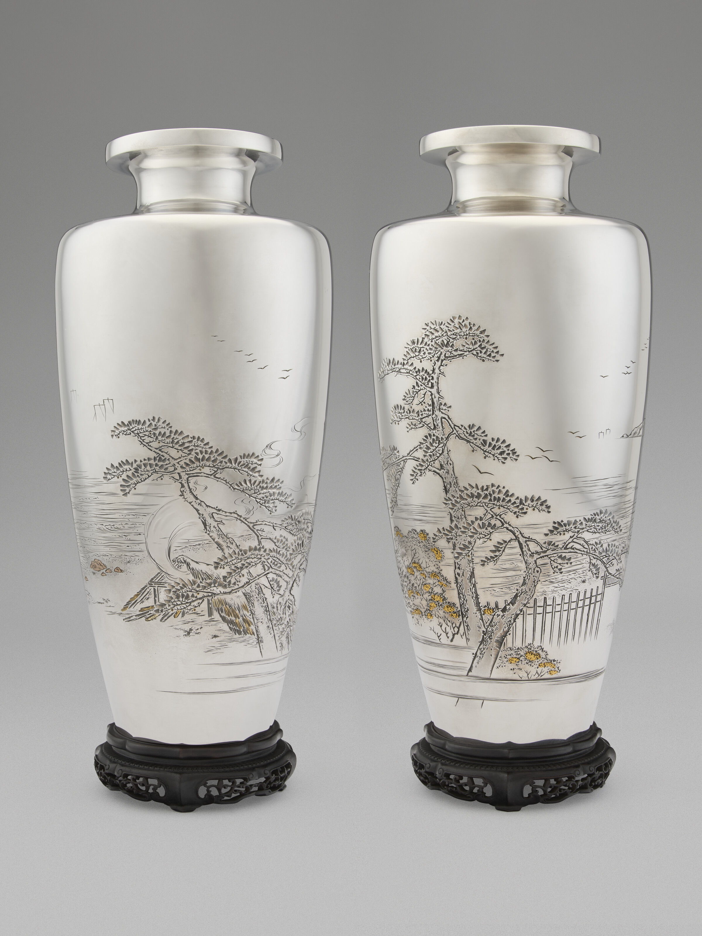 A Pair Of Gold-inlaid Silver Vases Of Suma Akashi — MEIJI-TAISHO PERIOD (EARLY 20TH CENTURY), ONE SIGNED KAGAWA KATSUHIRO SAKU AND SEALED HIRO , THE OTHER SIGNED TODAI NIDE KAGAWA KATSUHIRO KOKU AND SEALED KATSUHIRO (KAGAWA KATSUHIRO; 1853-1917)