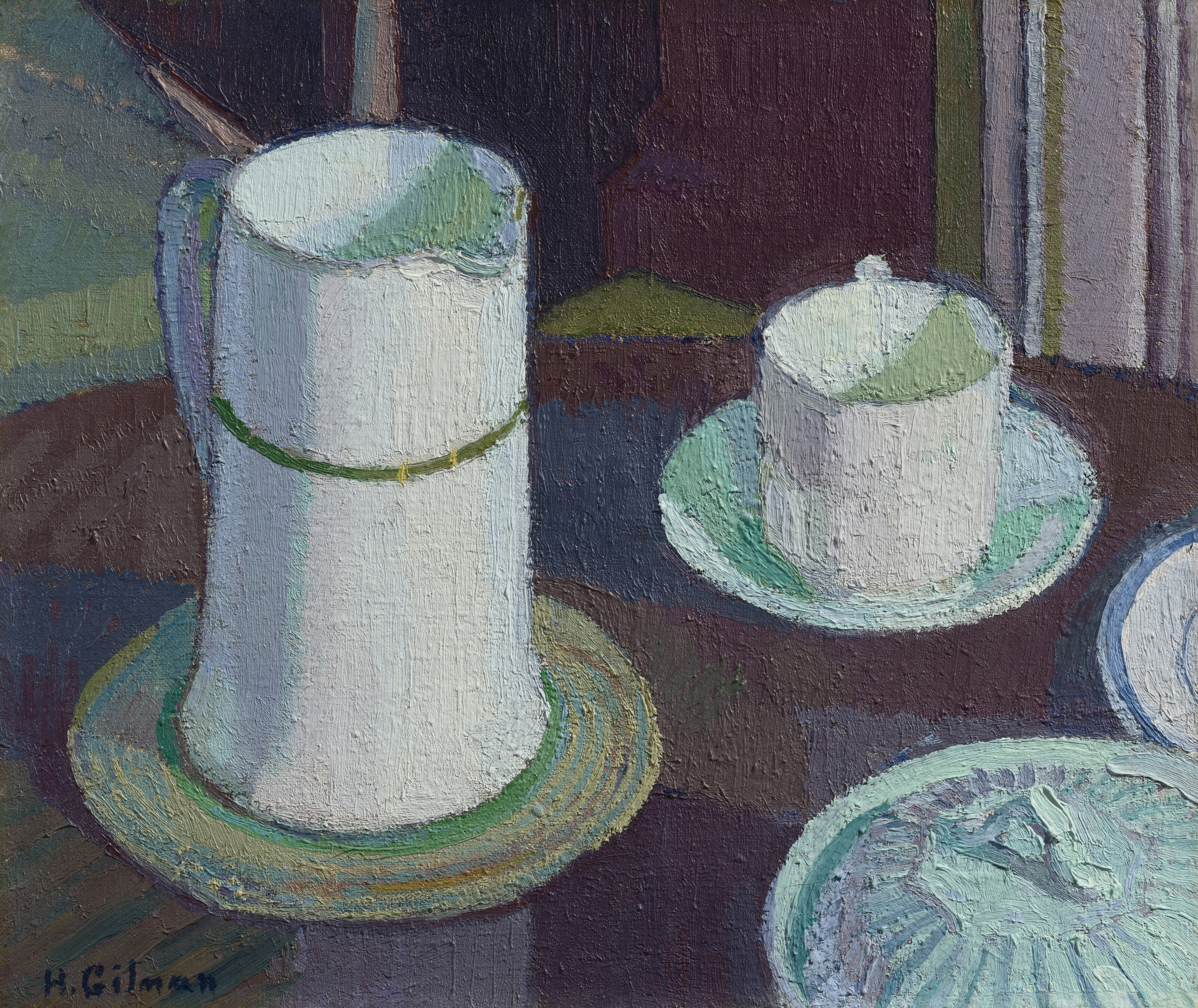 Harold Gilman — Still life of a white cup, saucer and jug on a table