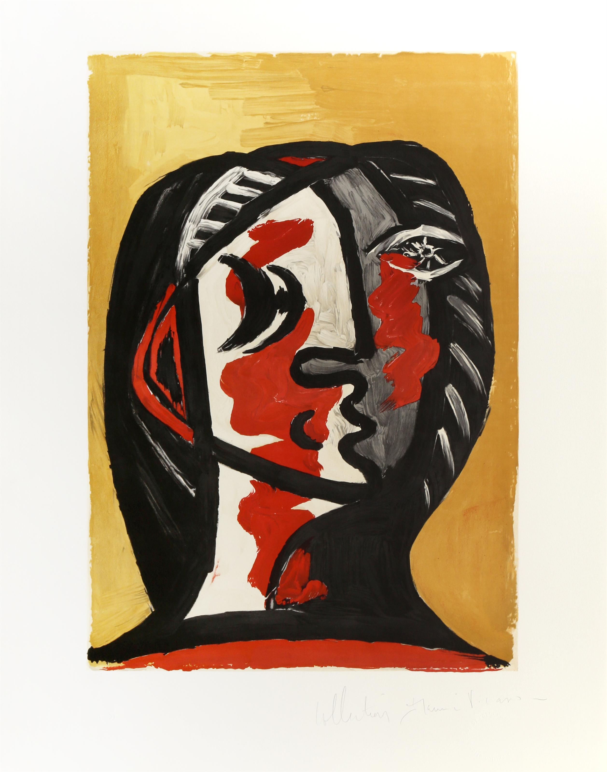 Tete de Femme en Gris et Rouge sur Fond Ochre