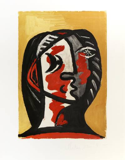 Tete de Femme en Gris et Rouge sur Fond Ochre