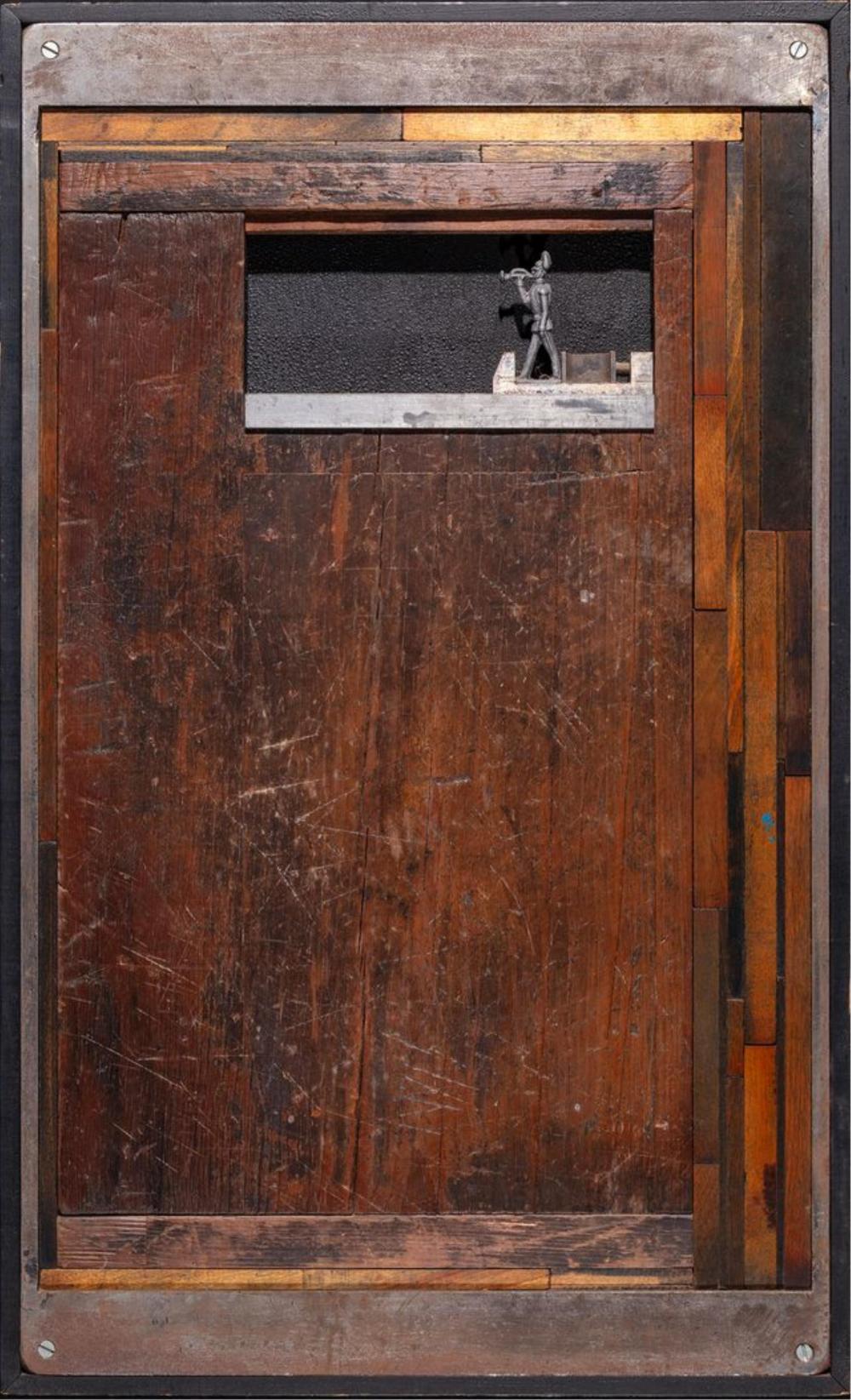 Varujan Boghosian — Untitled Construction (Soldier), probably circa 1970s, Found object construction with wood, metal and plastic, 27.25" x 16.5"