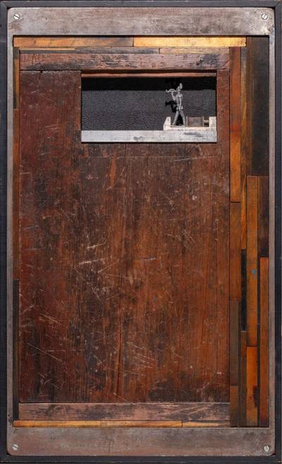 Untitled Construction (Soldier), probably circa 1970s, Found object construction with wood, metal and plastic, 27.25" x 16.5"