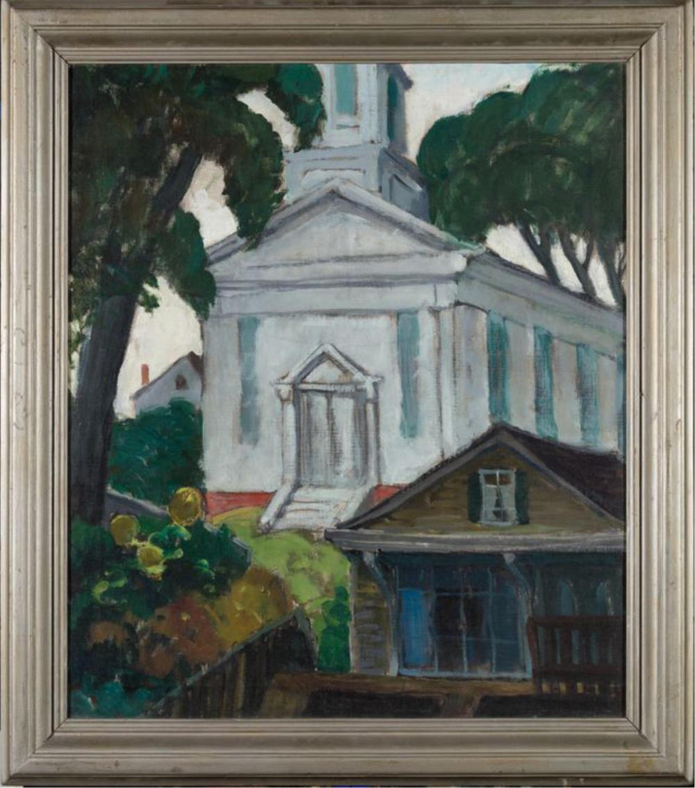 Oscar Gieberich — The Cape Cod Church, circa 1920s, Oil on canvas, 28" x 24" sight. Framed 32" x 28"