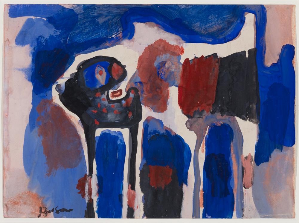 Peter Busa — Untitled (Animals and Blue Abstract), 1930s or 1940s, Watercolor on paper, sheet 10.75" x 14.5". Framed 18" x 21.5"