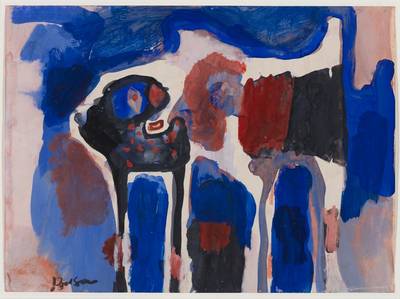 Untitled (Animals and Blue Abstract), 1930s or 1940s, Watercolor on paper, sheet 10.75" x 14.5". Framed 18" x 21.5"
