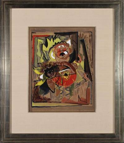 Sunflowers, circa 1930s, Mixed media on paper, 16.5" x 13". Framed 28" x 24"