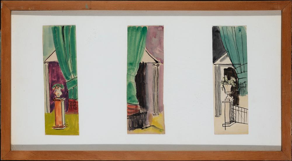 Karl Knaths — Three architectural views, circa 1920-1922, Watercolors on paper, 7.5" x 2.5". Framed 11.25" x 20.25"