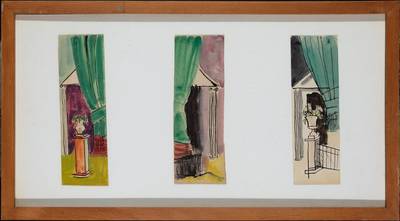 Three architectural views, circa 1920-1922, Watercolors on paper, 7.5" x 2.5". Framed 11.25" x 20.25"