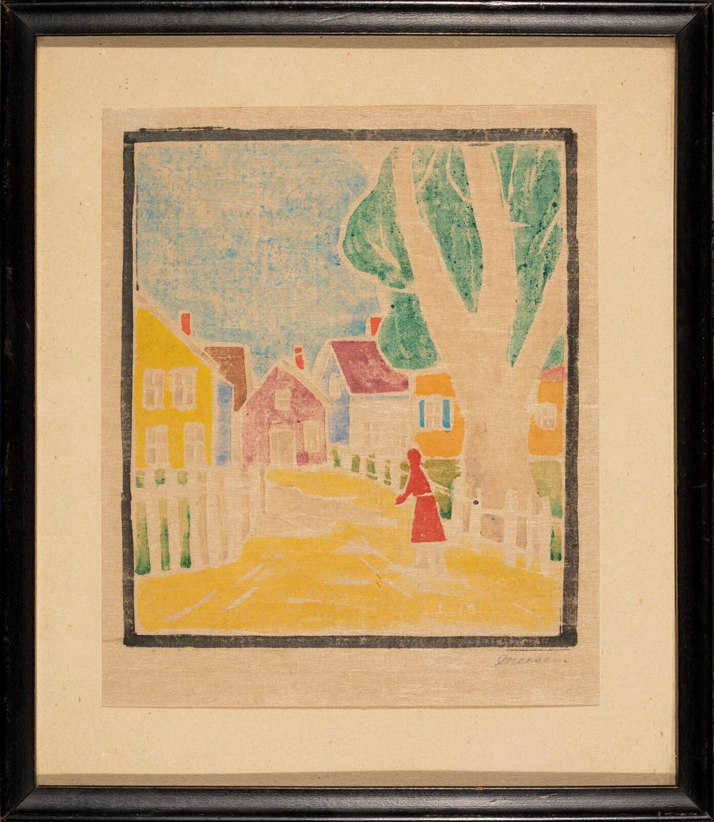 Lillian Burk Meeser — Provincetown Street with Figure, circa 1925-1930, White-line woodblock print, block 5.5" x 4.75". Framed 8.75" x 7.5"