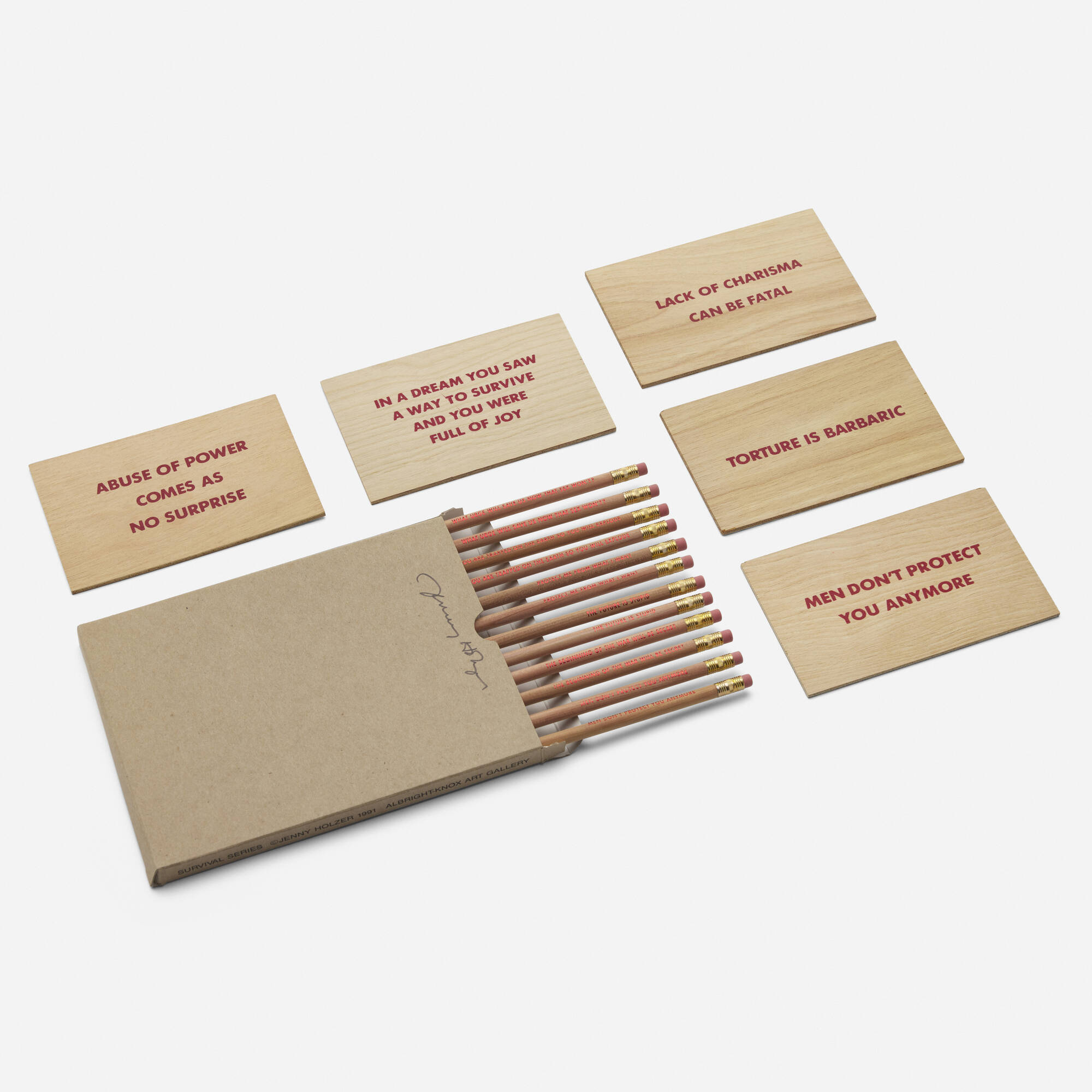 Jenny Holzer — Truisms postcards; Survival Series pencils