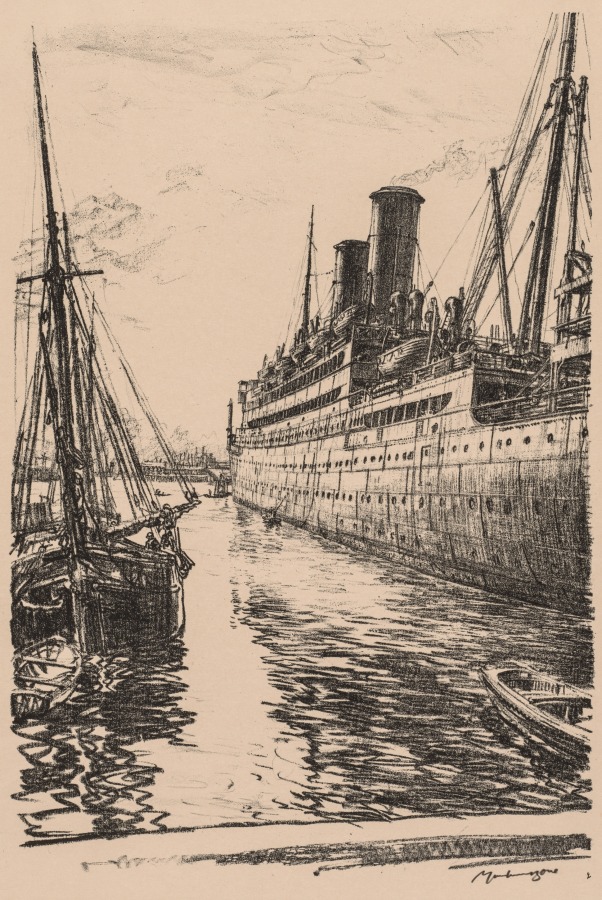 Muirhead Bone — On the Clyde, 1917-1918:  The Tuscania at Glasgow