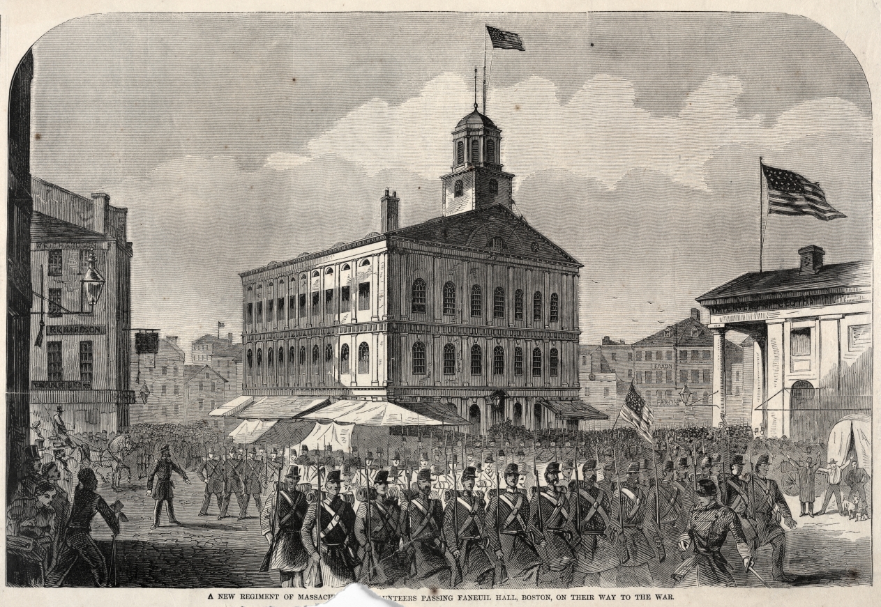 Winslow Homer — A New Regiment of Massachusetts Volunteers passing Faneuil Hall, Boston, on their way to War