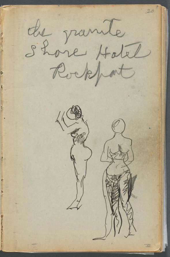 Maurice Prendergast — Sketchbook- The Granite Shore Hotel, Rockport, page 001: Female Nudes with Notes