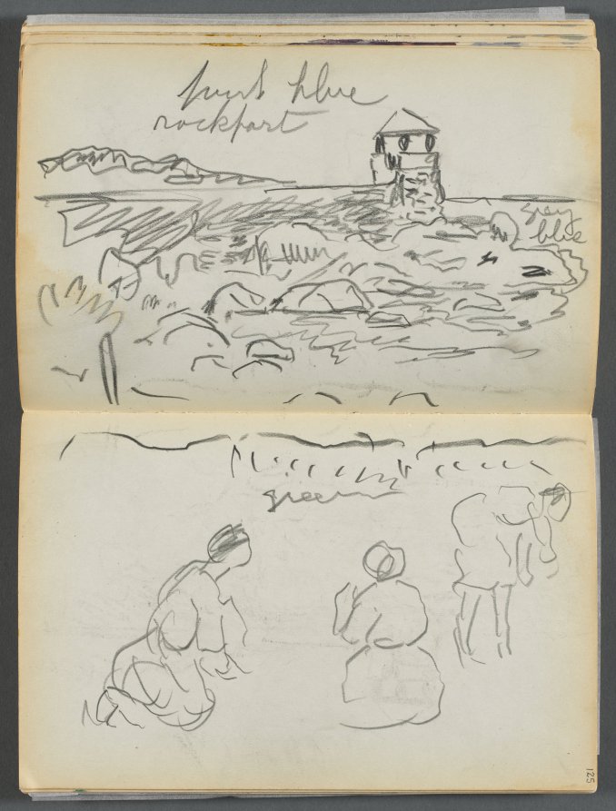 Maurice Prendergast — Sketchbook- The Granite Shore Hotel, Rockport, page 124 & 125: Rockport Lighthouse and Figures on Shore 