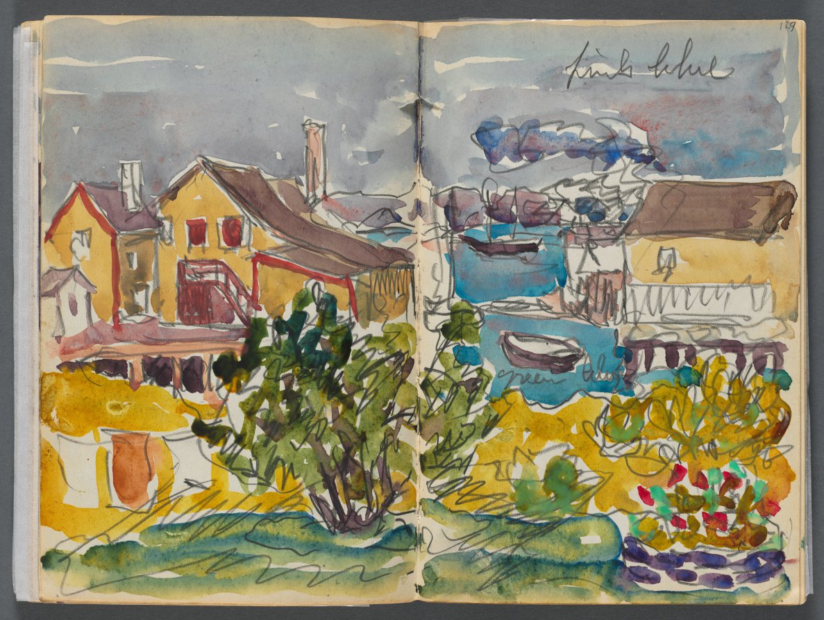 Maurice Prendergast — Sketchbook- The Granite Shore Hotel, Rockport, page 128 & 129: Houses on the Harbor 