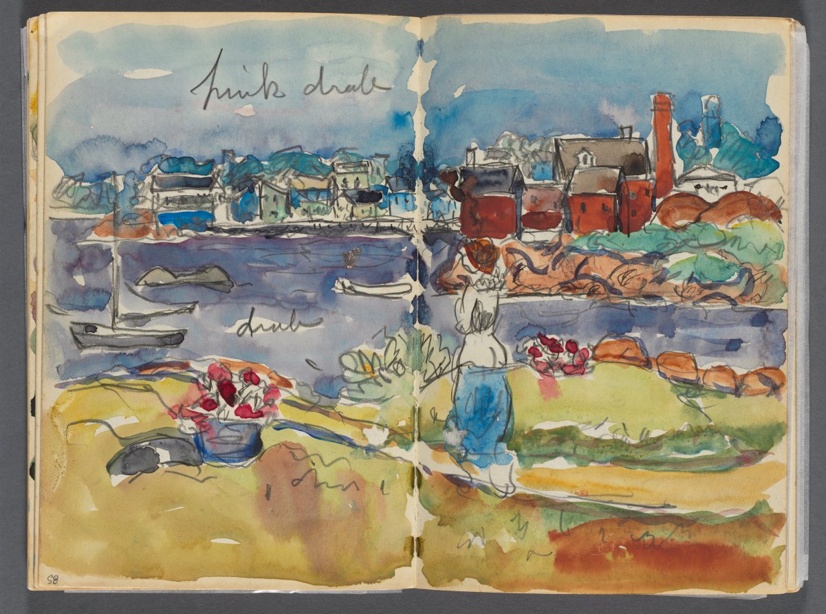 Maurice Prendergast — Sketchbook- The Granite Shore Hotel, Rockport, page 084 & 85: Harbor View with Color Notations 