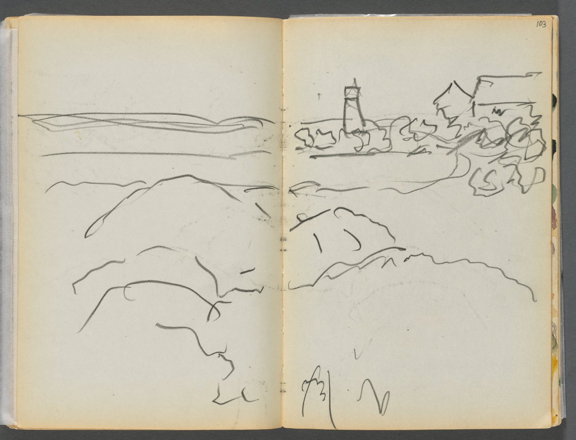 Maurice Prendergast — Sketchbook- The Granite Shore Hotel, Rockport, page 102 & 103: Harbor View with Lighthouse 