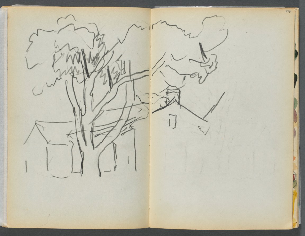 Maurice Prendergast — Sketchbook- The Granite Shore Hotel, Rockport, page 106 & 107: Tree with Houses 