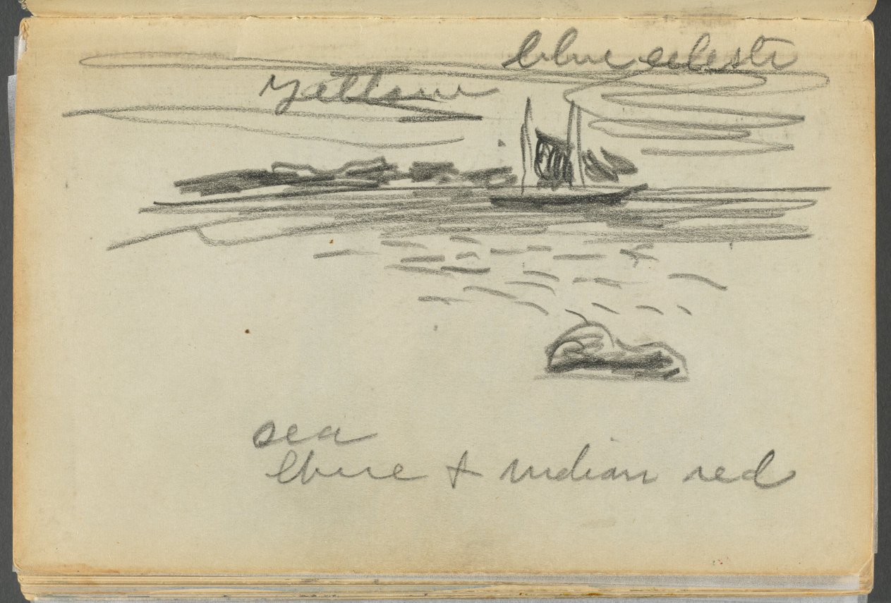 Maurice Prendergast — Sketchbook- The Granite Shore Hotel, Rockport, page 182: Sailboat with color notations 