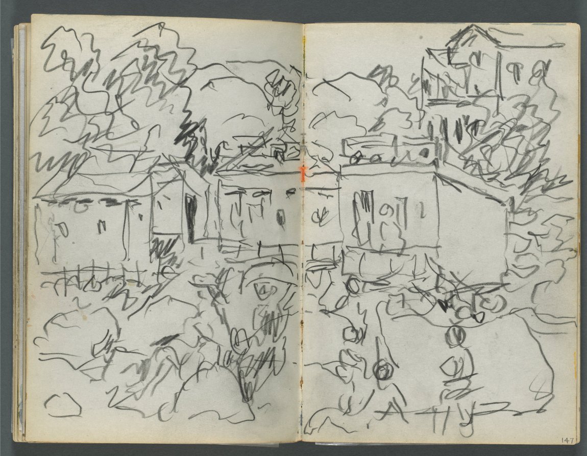 Maurice Prendergast — Sketchbook, The Dells, N° 127, page 146 & 147: Landscape with figures and buildings