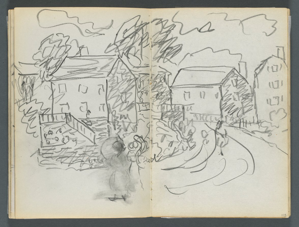 Maurice Prendergast — Sketchbook, The Dells, N° 127, page 102 & 103: Landscape with Houses and Road
