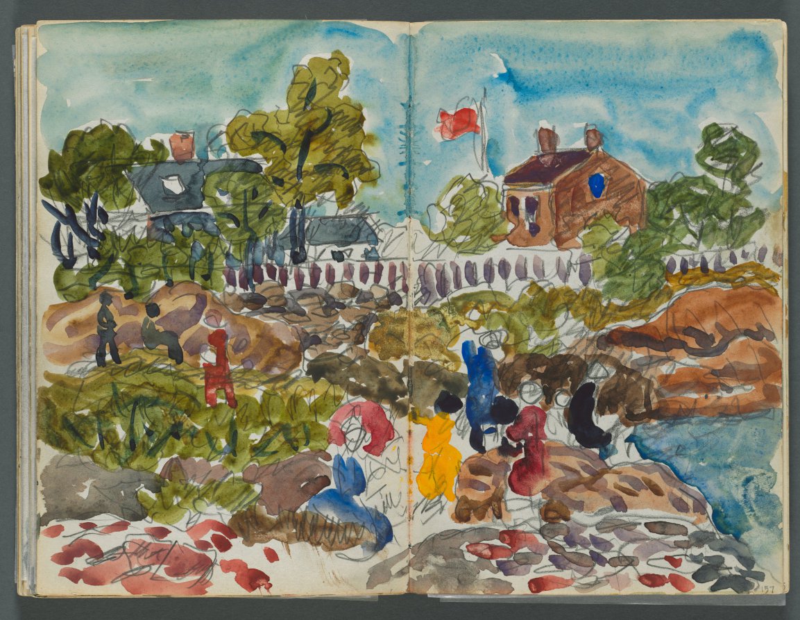 Maurice Prendergast — Sketchbook, The Dells, N° 127, page 156 & 157: Coastal Landscape with Figures