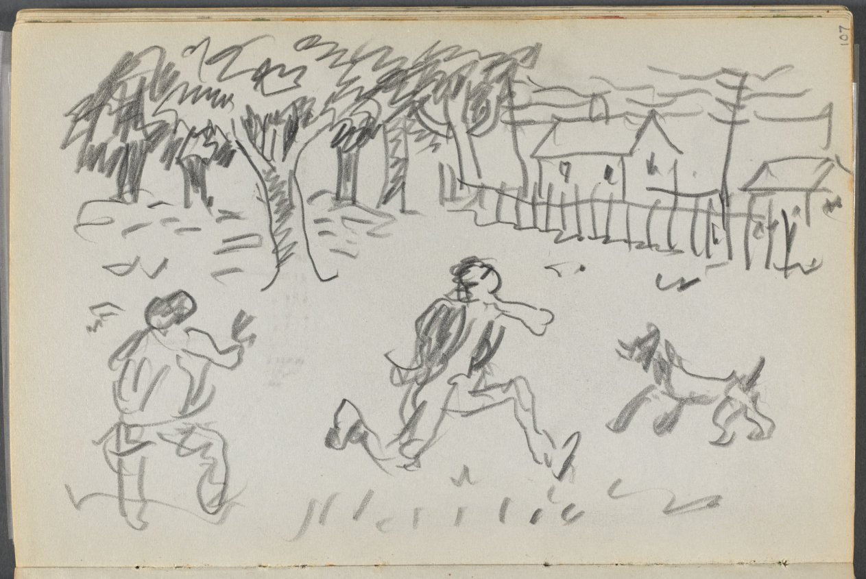 Maurice Prendergast — Sketchbook, The Dells, N° 127, page 107: Landscape with Figures and dog