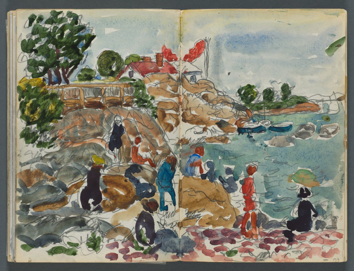 Maurice Prendergast — Sketchbook, The Dells, N° 127, page 158 & 159: Coastal Landscape with Figures