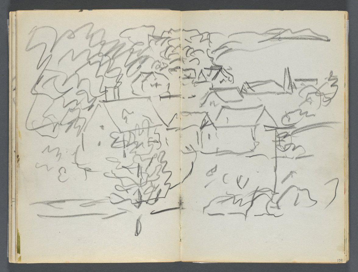 Maurice Prendergast — Sketchbook, The Dells, N° 127, page 108 & 109: Landscape with Houses