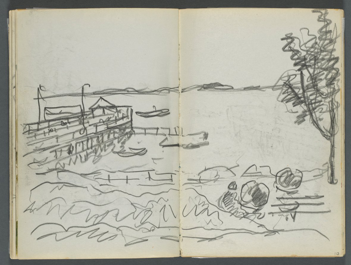 Maurice Prendergast — Sketchbook, The Dells, N° 127, page 112 & 113: View of Dock 